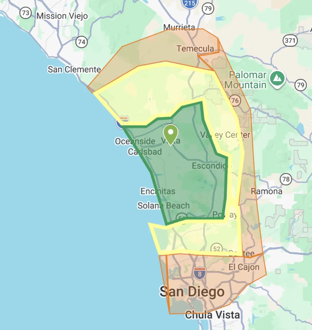 Popup Arcade SD delivery coverage map showing free delivery zone and extended delivery zone across San Diego County